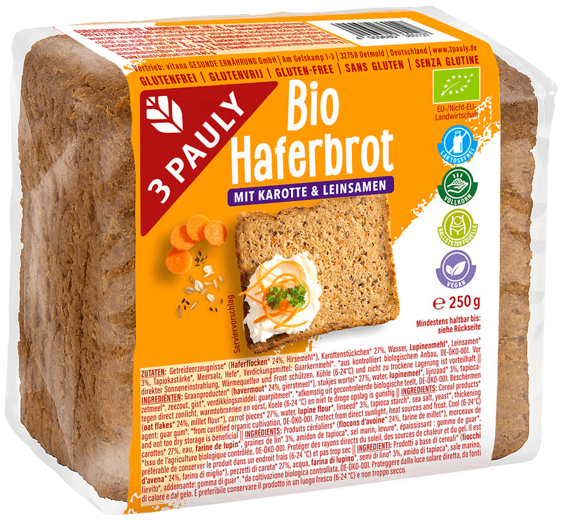3 Pauly Bio Haferbrot mit Karotte und Leinsamen, Einzelpackung, 250g