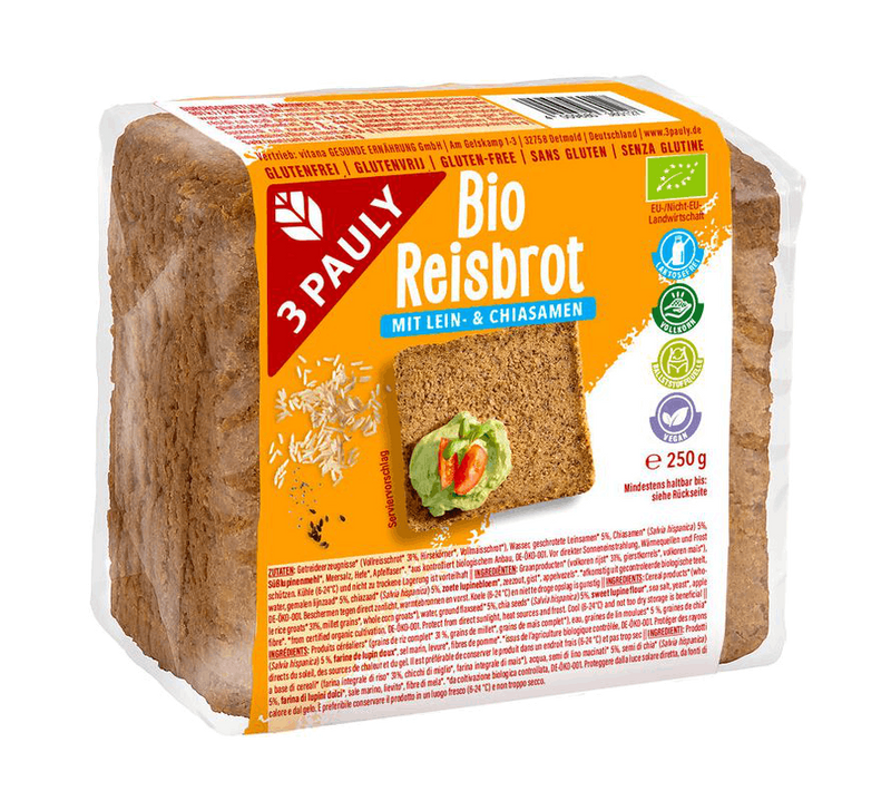 3PAULY - Reisbrot mit Lein- & Chiasamen bio, 250g, Verpackungseinheit: 1 Packung