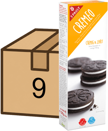 4009680361865-3Pauly-Cremeo-Bundle-9-Stueck-120g.png Cremeo feiner Kakaokeks mit cremiger Füllung, glutenfrei, Bundle mit 9 Stück, 9x 120g