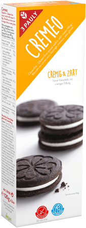 4009680361865-3Pauly-Cremeo-Einzelpackung-120g.png Cremeo feiner Kakaokeks mit cremiger Füllung, glutenfrei, Einzelpackung, 120g
